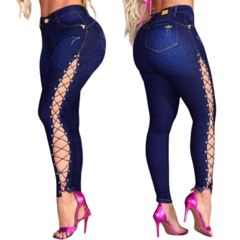 Calça Jeans Feminina Cintura Alta Skinny Modeladora com Amarração Lateral Empina Bumbum em Oferta na Shopee