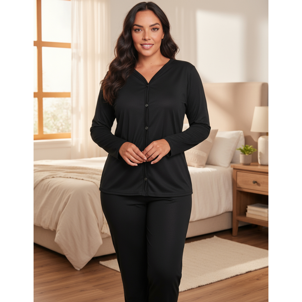 Pijama Americano Feminino Com Gola E Botões Inverno Conforto Promoção