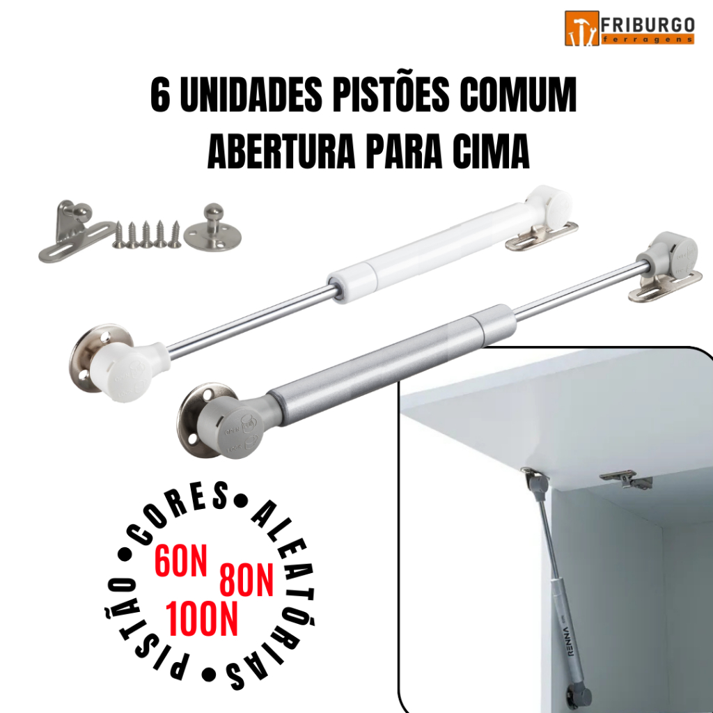 Kit com 6 UND Pistão a Gás Comum para Armário com Amortecedor