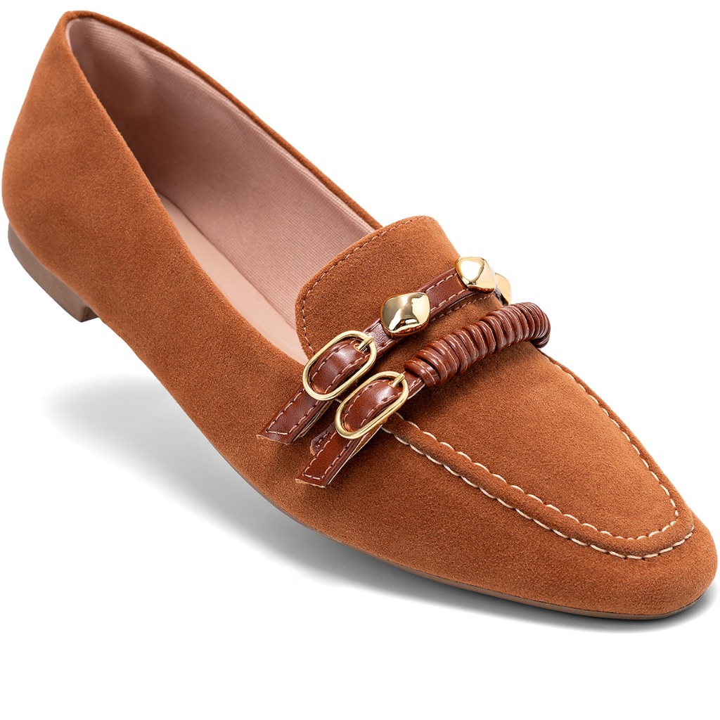 Mocassim Feminino Lumiss Camurça Baixo Bico Redondo Enfeite Metalizado Confortável Caramelo