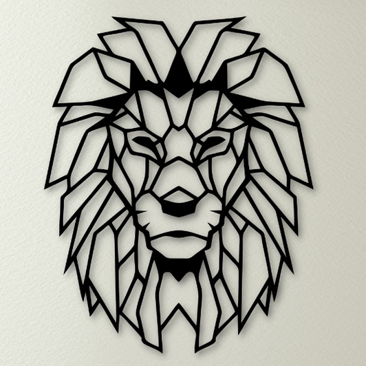 Placa Quadro Decorativo Leão Geométrico Telado Face Madeira MDF Com Fita Dupla Face Adesiva Preto Fosco