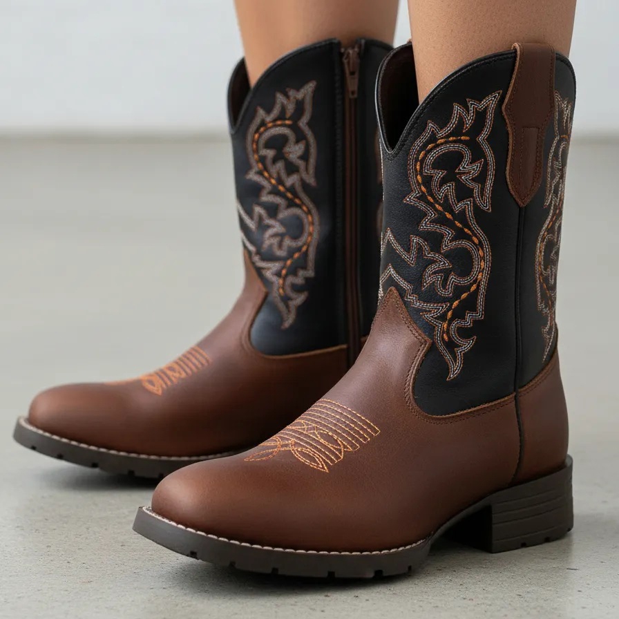 Bota Infantil Unissex Country Texana Estilo Americano em Couro Legítimo Marrom Cano Bordado Kapell
