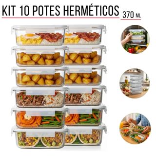 Kit 10 Pote Hermético 370ml Vidro Temperado Tampa com 4 travas Ideal P/ Marmita vai no Freezer Forno em Oferta na Shopee