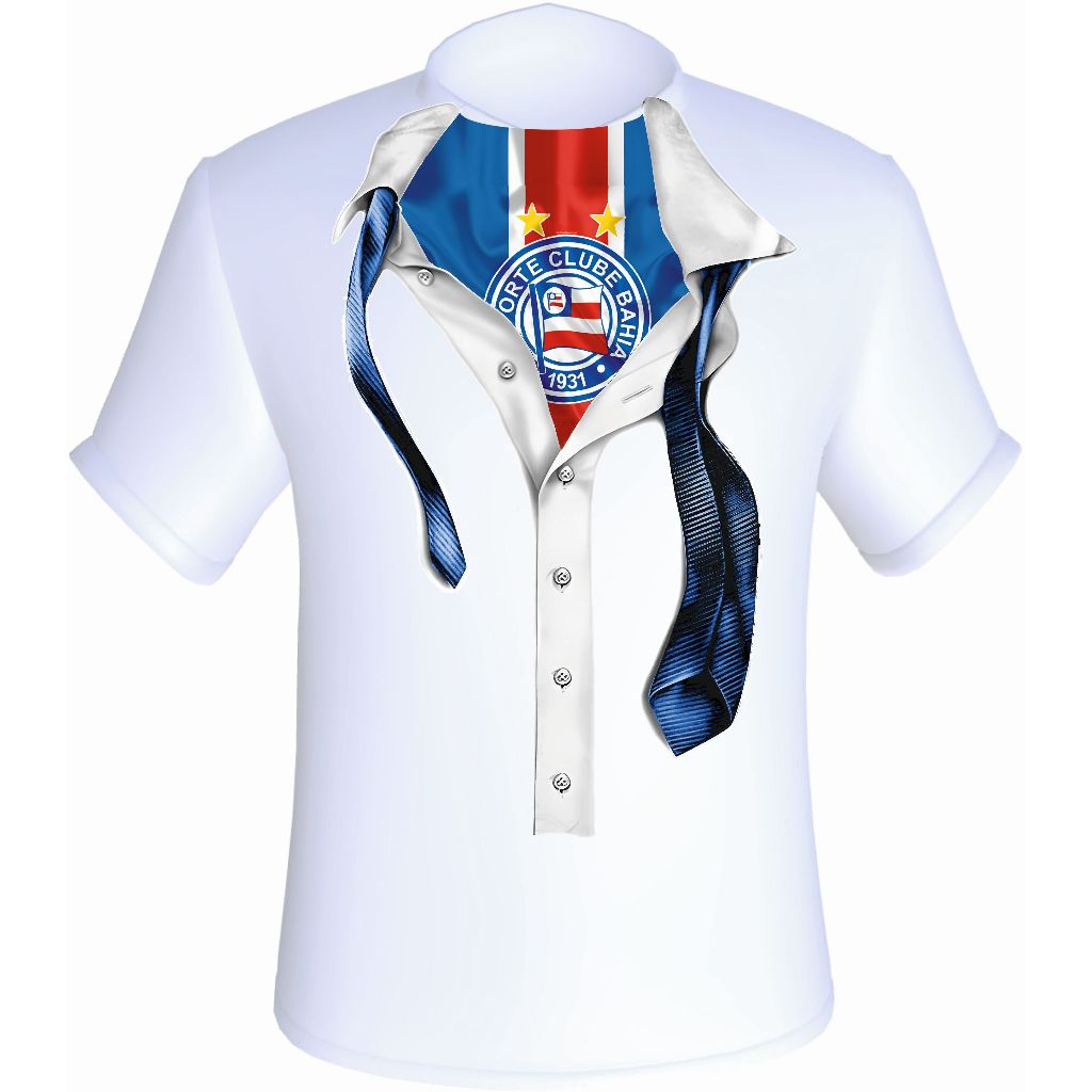 Camiseta Bahia Bahea Tricolor de Aço Estampa Exclusiva Poliéster Unissex e Babylook Branca