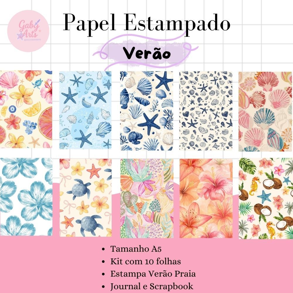Kit 10 Papéis Decorados Verão Praia 180g – Estampas A5 para Scrapbook, Journal em Oferta na Shopee