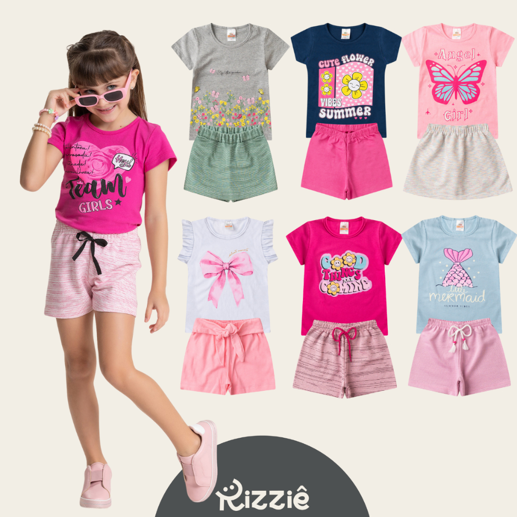 Kit Sortido 6 ou 10 Peças de Roupas Verão Menina Sortido Blusa + Short Estampas Variadas Algodão Do 2 ao 14 anos