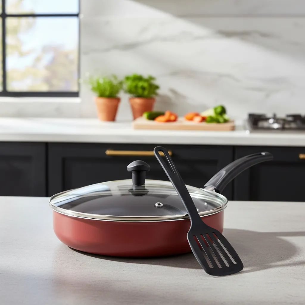 Frigideira Antiaderente Com Tampa de Vidro Alta 20cm Funda Teflon Cor Vermelho+ Espátula Nylon