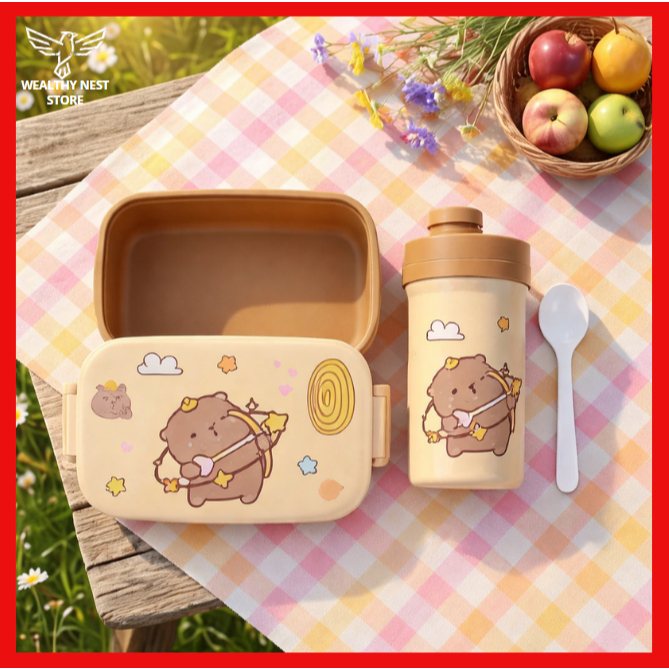 Kit Marmita Infantil Capivara com Copo 500ml e Talheres – Lancheira Escolar Plástica para Crianças Prática