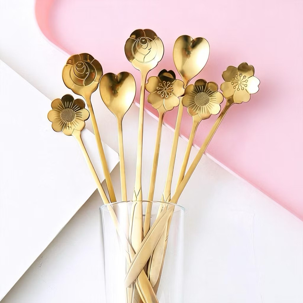 Kit 6 Colher de Café e Chá Formato Rosa/Coração/Flor Aço Inox Talher para Sobremesa e Mesa Posta