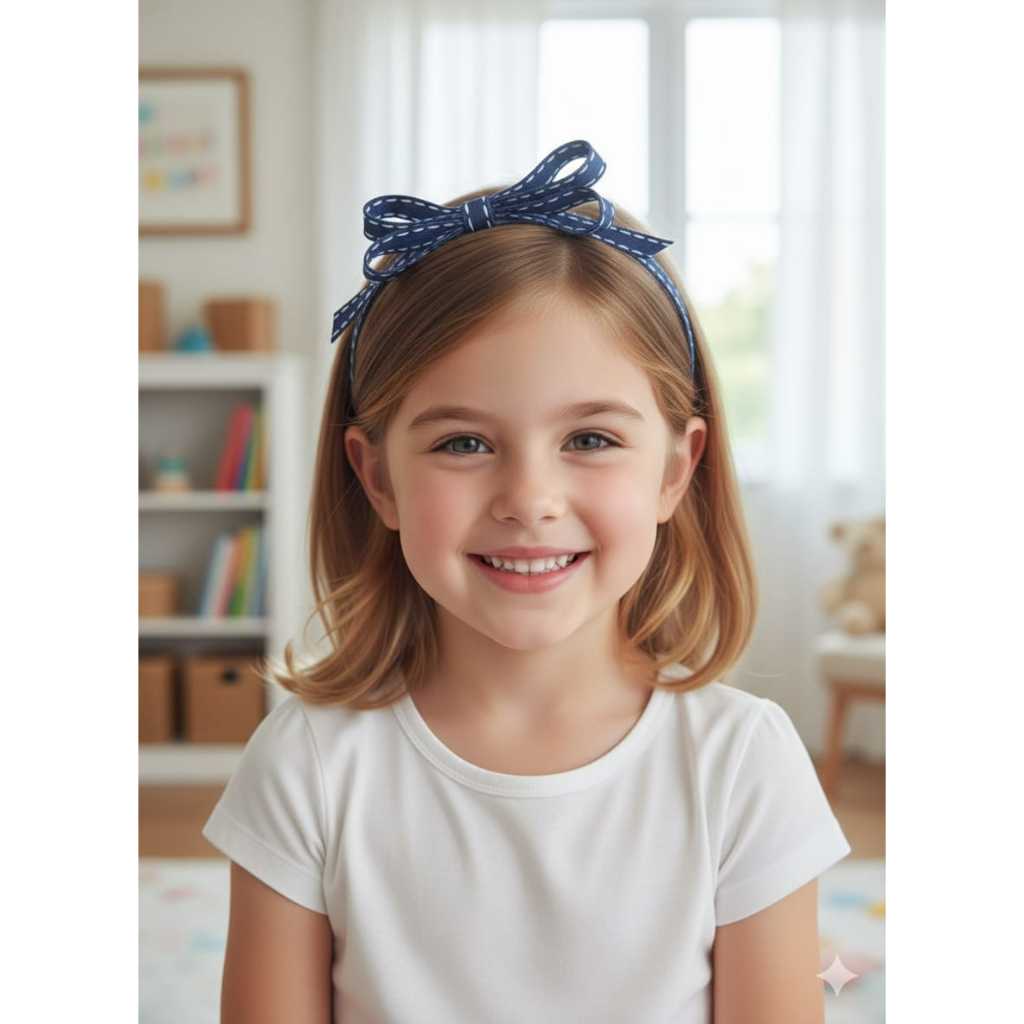 Arco de Cabelo Infantil Azul com Laço | Tiara Feminina com Fita Poá