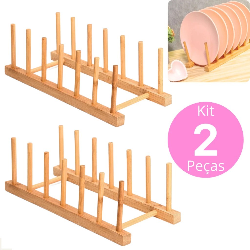 Kit 2 Suportes Escorredor Louças Pratos 6 Divisões Display Bambu Multiuso Lindo para Sua Mesa Posta-6371