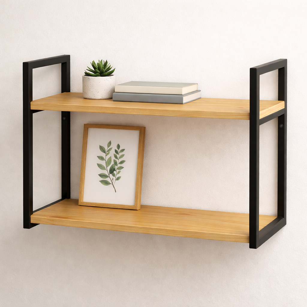 Prateleira Industrial Suspensa em Metalon com Madeira Pinus – Pintura Eletrostática | Decoração Sala 60x25 cm em Oferta na Shopee