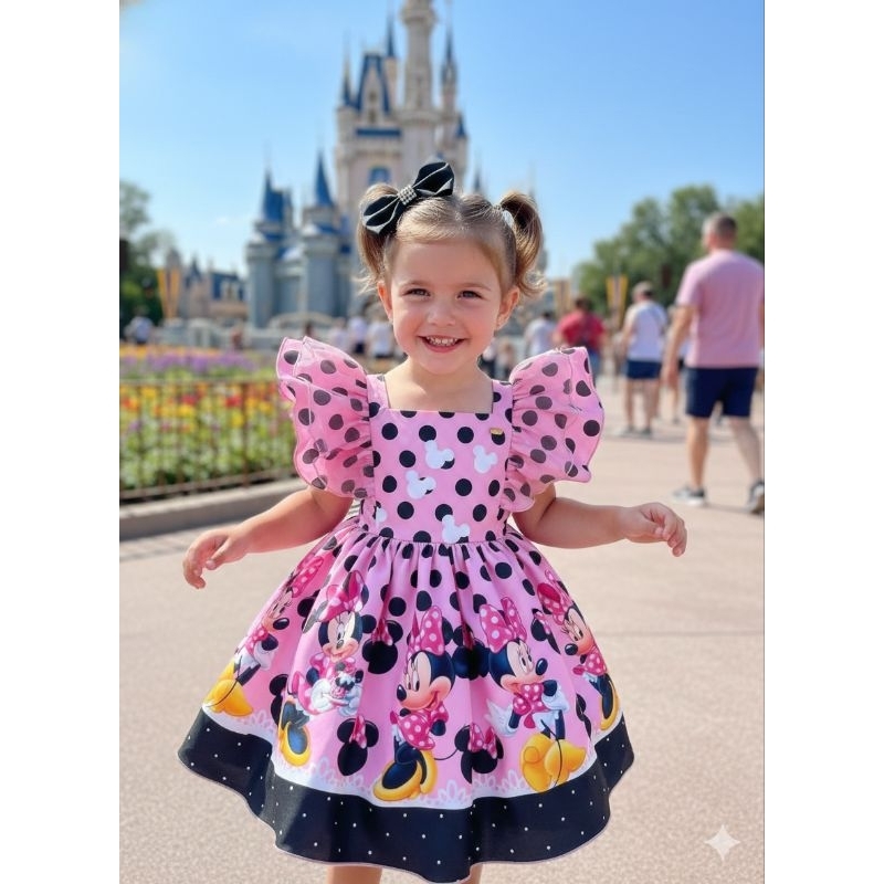 Vestido Minnie Minie Rosa Com Preto festa infantil aniversário temático luxo midi