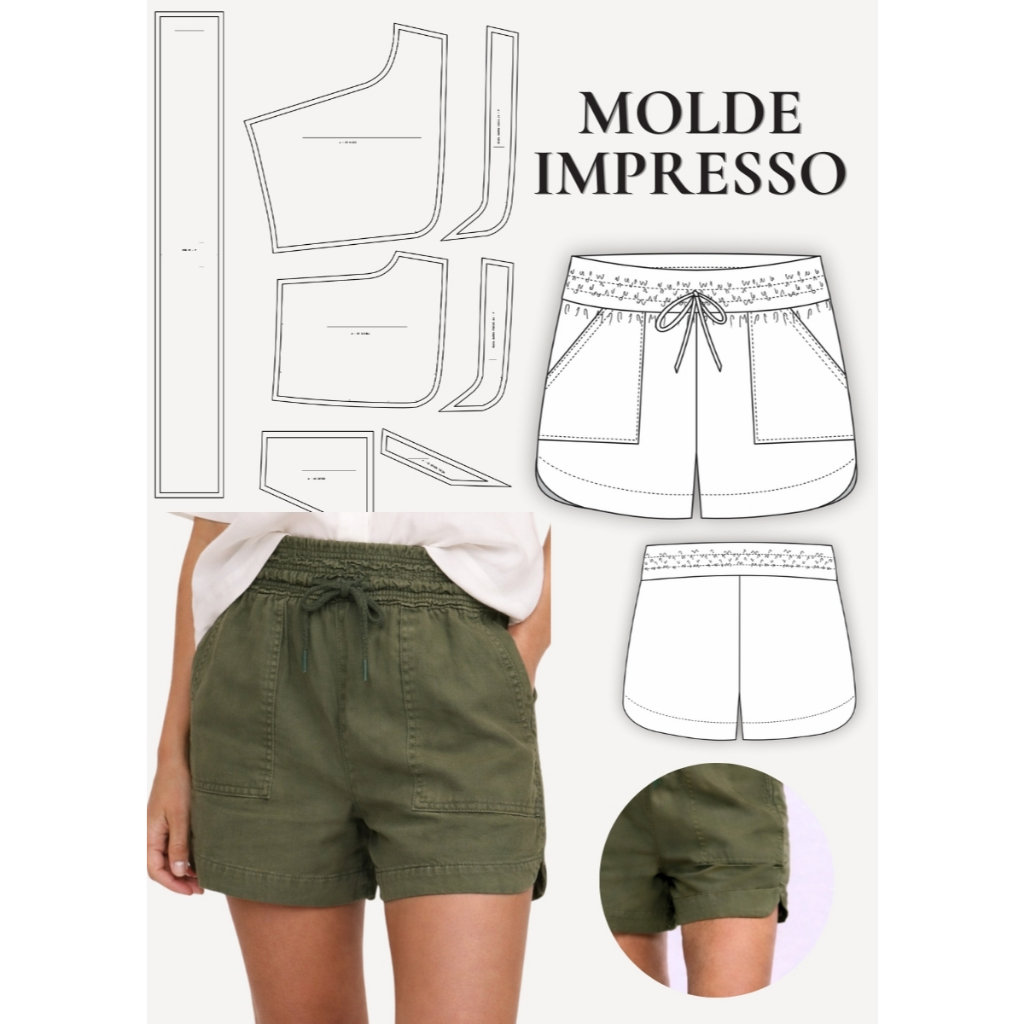 MOLDE EM PAPEL PARA COSTURA IMPRESSO DE SHORT BOXER FEMININO COM BOLSO CHAPADO - MOLDELAGEM EM PAPEL