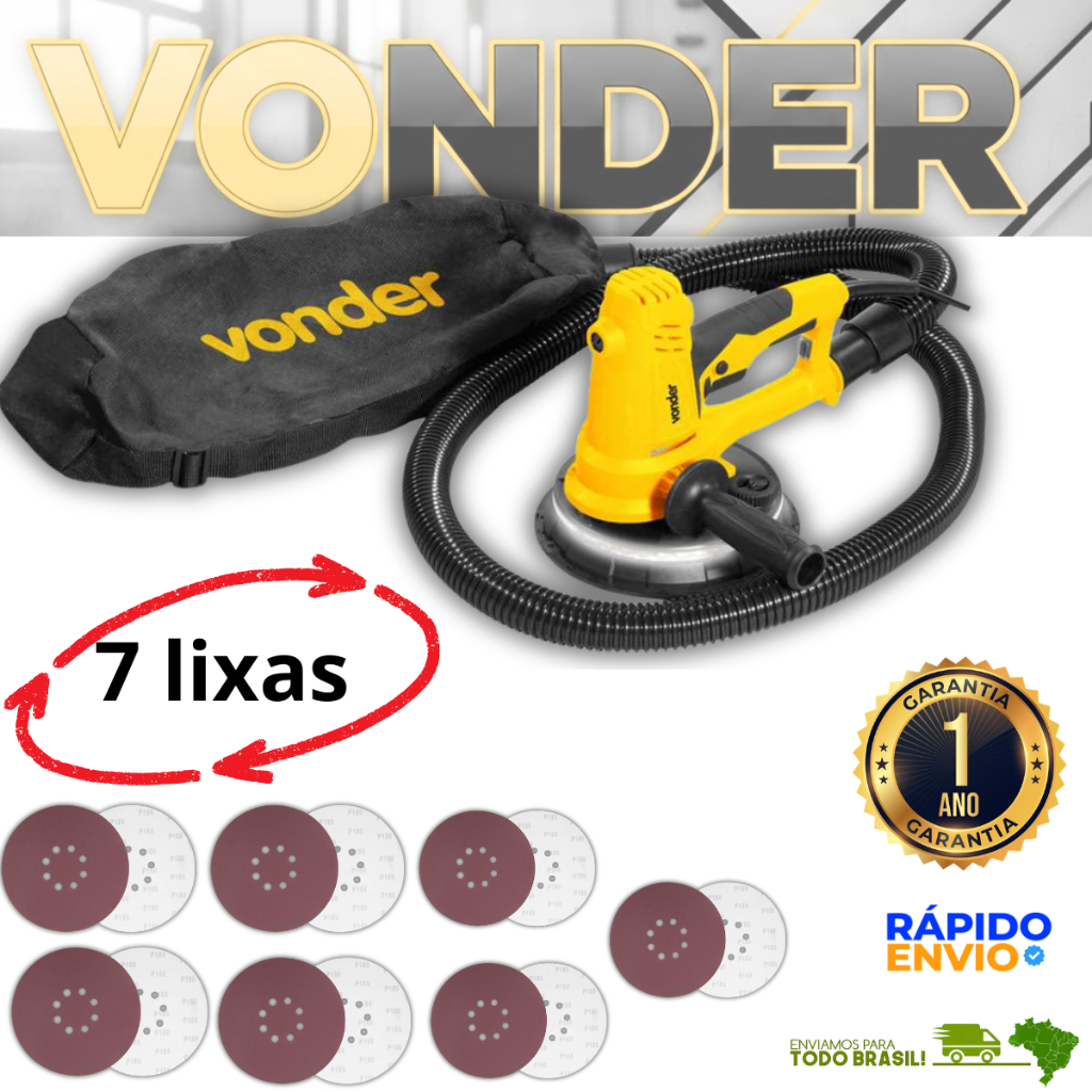 Lixadeira De Parede Com Led Teto de Alvenaria Gesso Massa Corrida 750W Mangueira 2M Vonder Premium