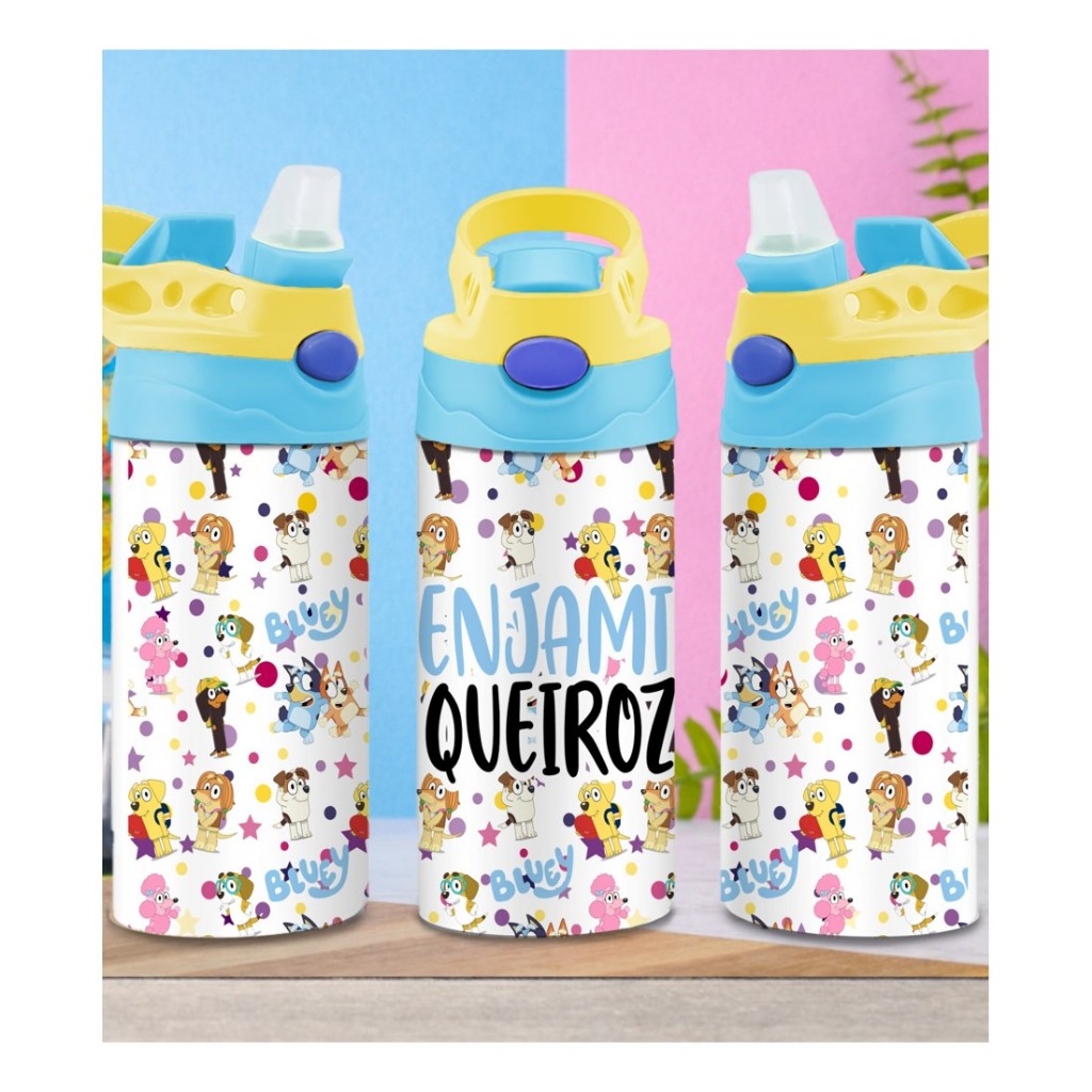 SQUEEZE GARRAFA BLUEY E BINGO PERSONALIZADO MENINO MENINA COM NOME OPÇÃO ALUMÍNIO OU TÉRMICA INOX LANCHEIRA ESCOLA
