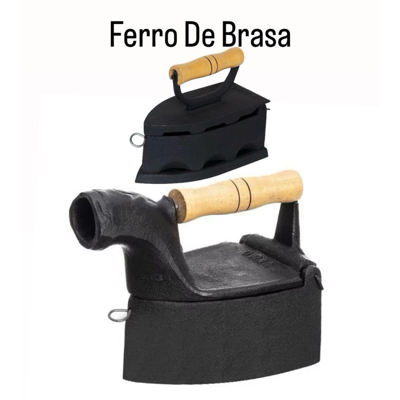 Ferro de Passar a Brasa Tradicional 20cm em Ferro Fundido com Cabo de Madeira – Estilo Antigo 16cm Altura