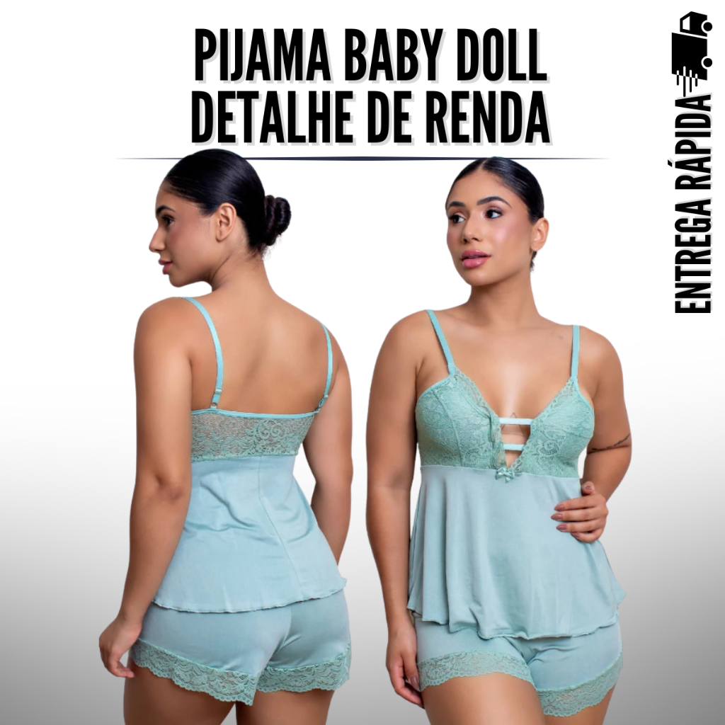 Pijama Baby Doll Detalhe de Renda Luxo Short Doll Feminino