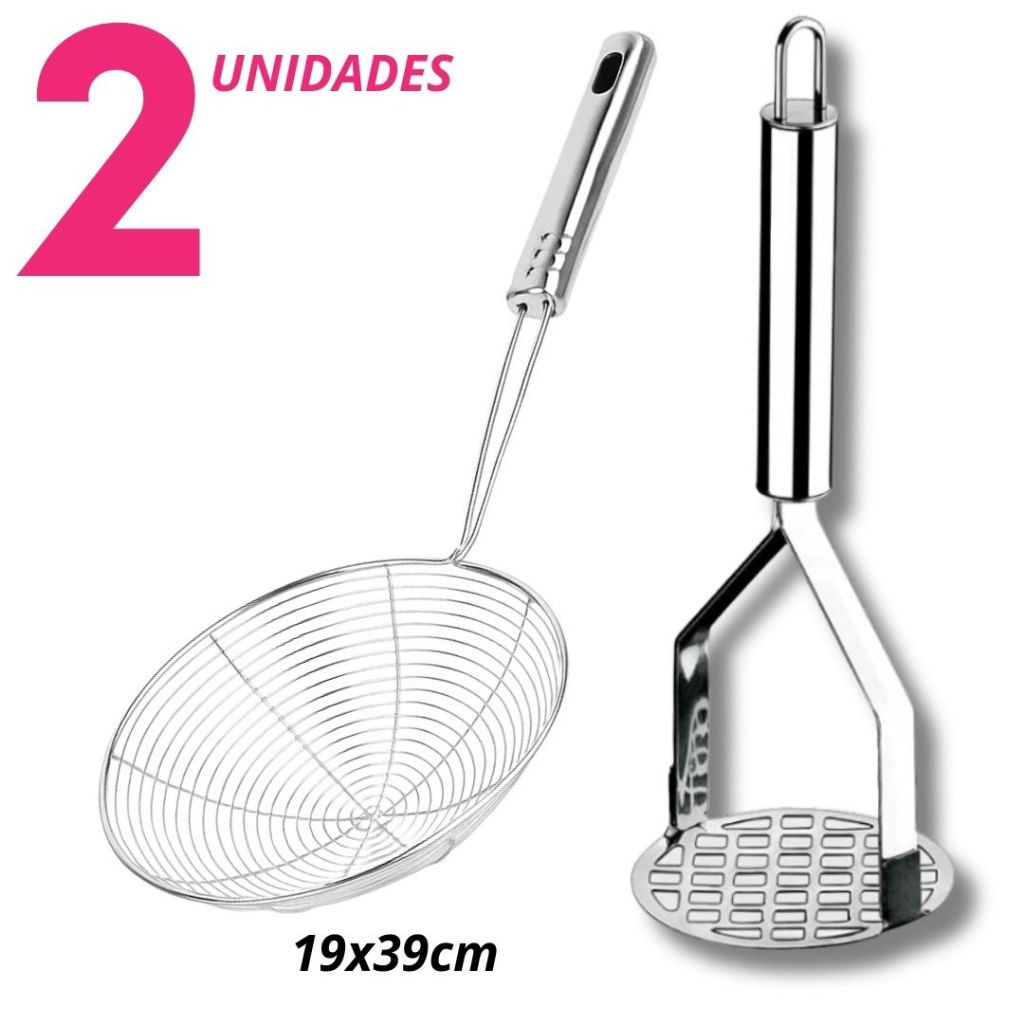 Kit Amassador de Batata + Escumadeira Inox 19x39cm  Cozinha Profissional Utensílios Aço Inoxidável