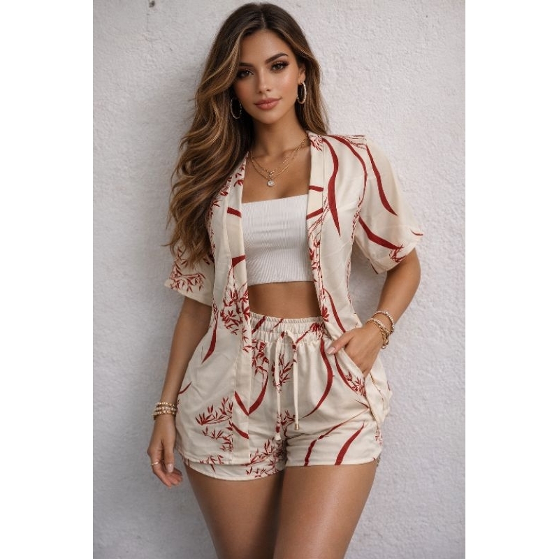 Conjunto kimono + Short  Com Bolso Tecido Duna Estampado Verão 2026Praia em Oferta na Shopee