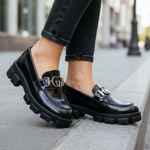 Sapato Mocassim Tratorado Feminino Loafer Com Fivela Preto Estiloso Confortável Alta Qualidade