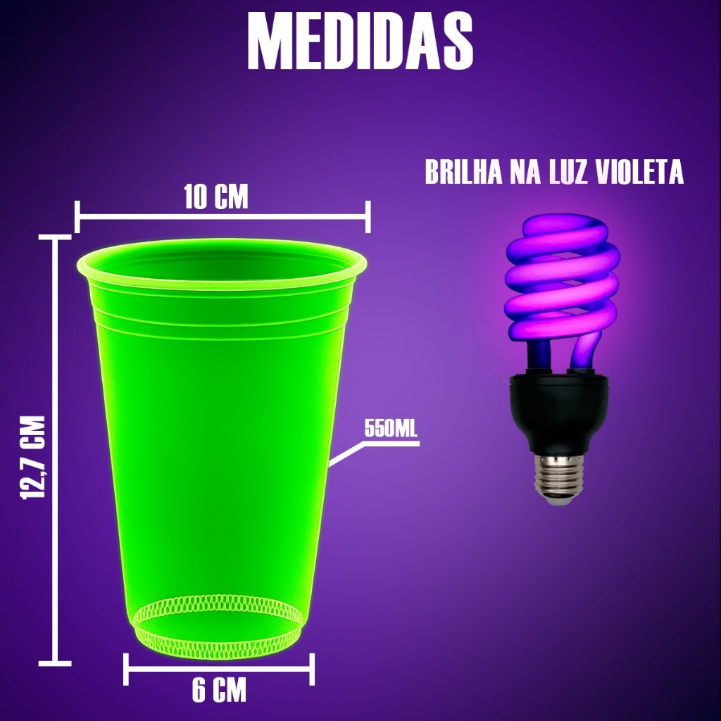 Detalhes do 100 Copos Neon 550ML Festa Brilha na Luz Ultravioleta