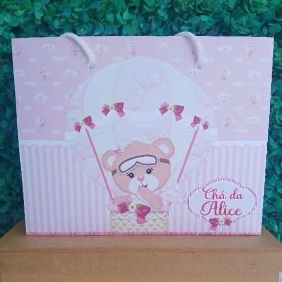 SACOLA URSINHA BALOEIRA ROSA 16X20 CM -( PEGUE E MONTE) personalizado de festa ou chá ursa balões rosa