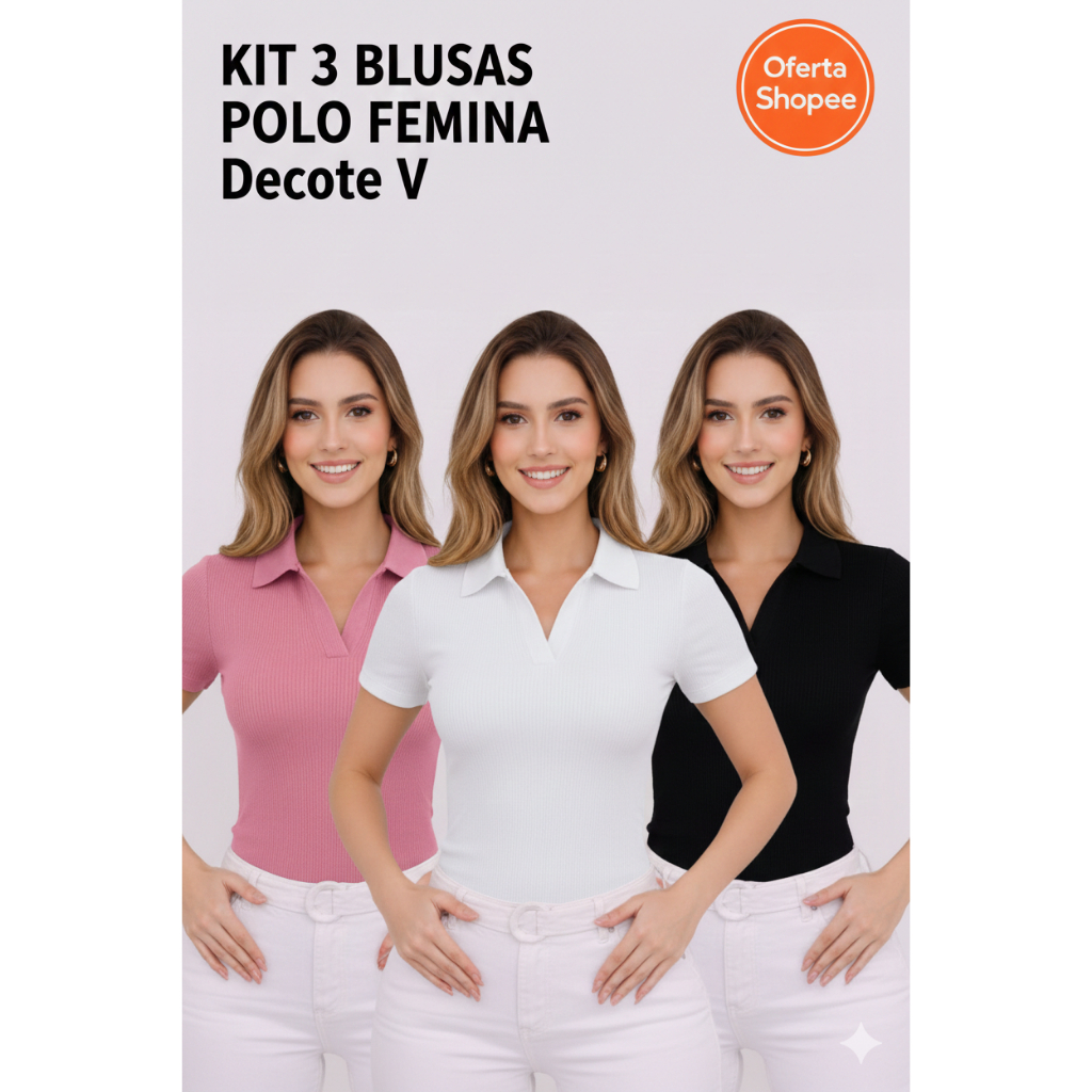 Kit 3 Blusa Polo Feminina Decote V Moderna Manga Curta Estilo Casual