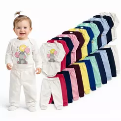Kit 1 Body Manga Longa + Calça Algodão Conjunto Infantil Estampado Roupa de Bebê | Fem ou Mas | RN ao GG | REF 2411/2412