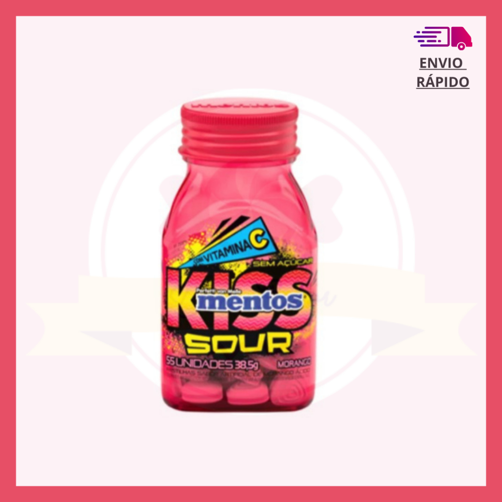 Bala Mentos Sour Morango Pastilha Drops Sem Açúcar com Vitamina C 38,5g 55 unidades