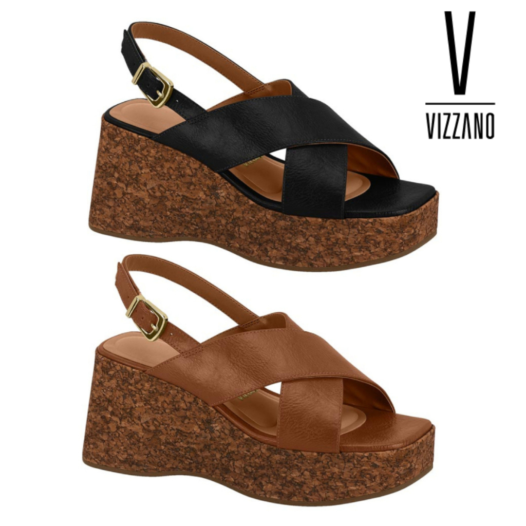 Sandália Feminina Vizzano Plataforma Tamanco Anabela Flatform Tiras Transpasse Confortável Original