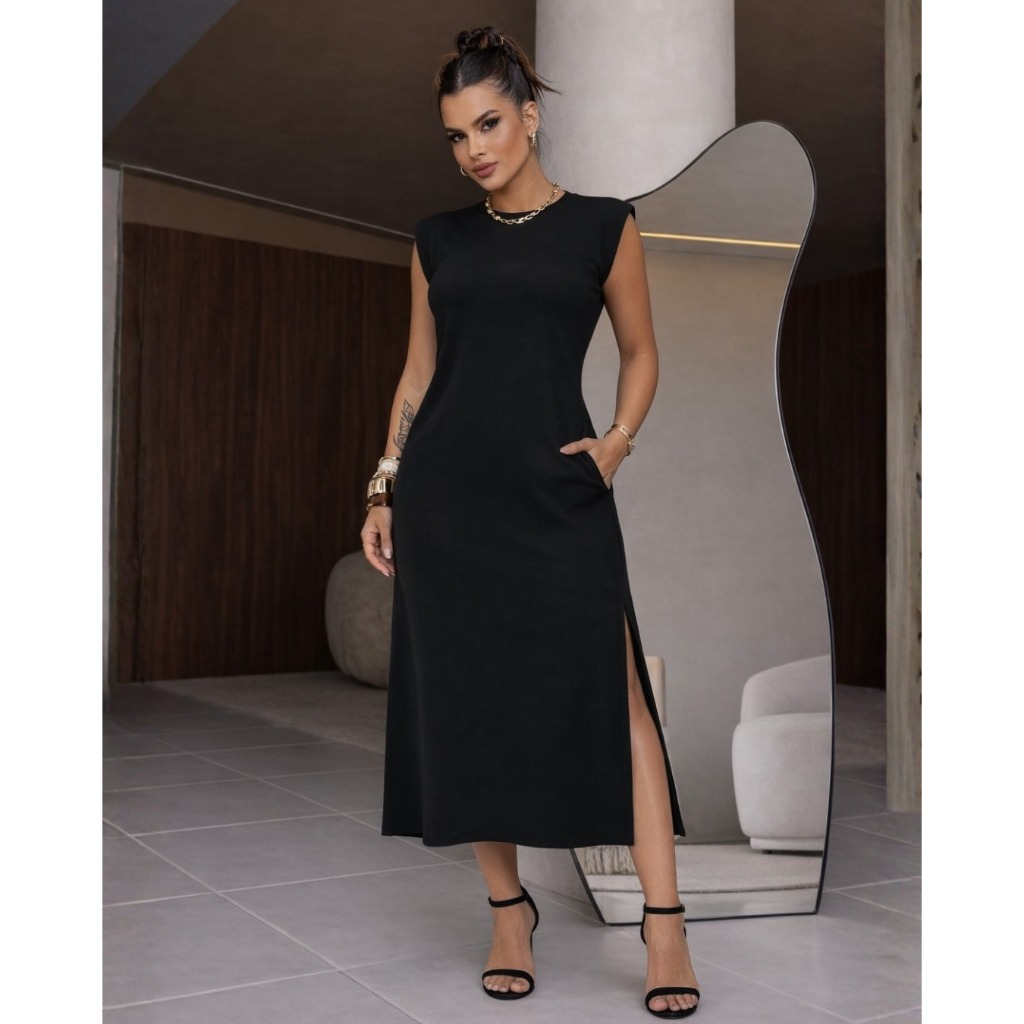 Vestido Midi Feminino Algodão Premium Elastano Básico Casual com Bolso e Fenda Lateral