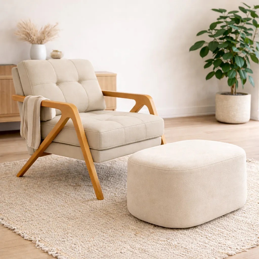 Kit Poltrona Mona Nervurada Mais Puff Orgânico Descanso Pés Conforto Sala de Estar Quarto Preto Cinza Cru Terracota