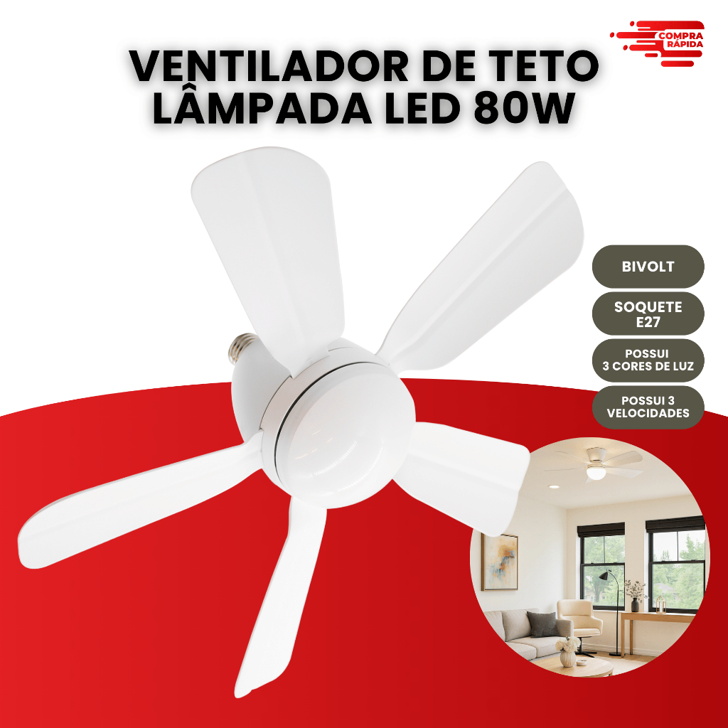 Ventilador de Teto Com Lâmpada Led Vt02 E27 Bivolt