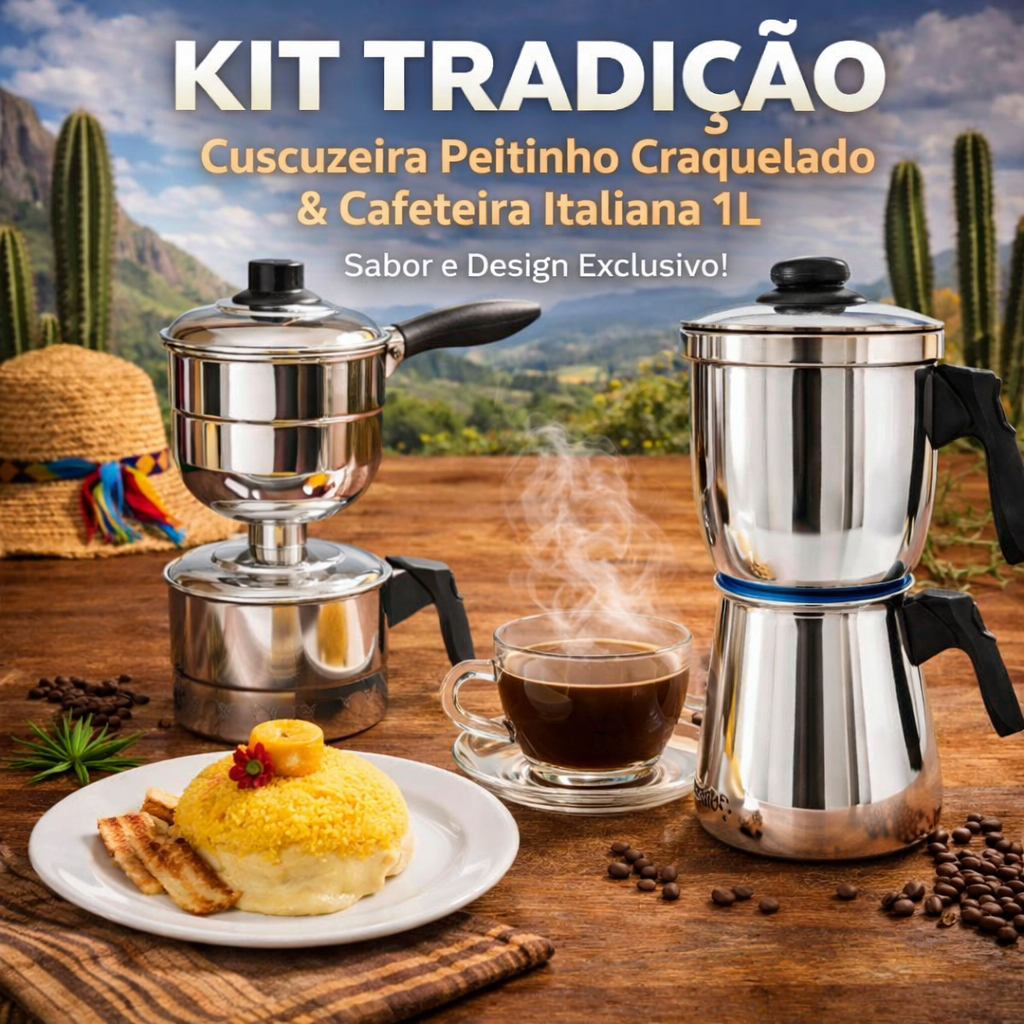 Kit Tradição: Cuscuzeira Peitinho & Cafeteira Italiana 1L Polido – Sabor e Design Exclusivo!