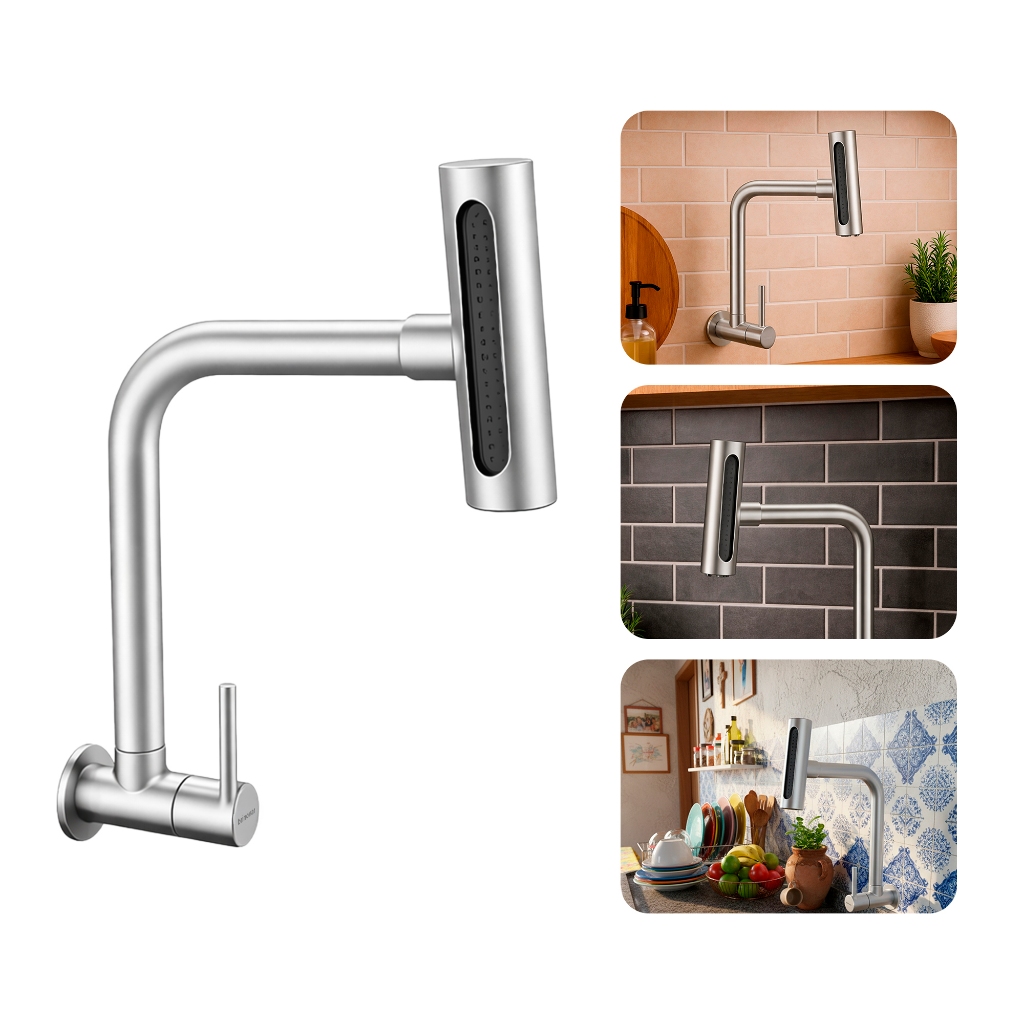 Torneira Gourmet para Cozinha de Parede Pia 360° Rotativa Moderna Inox 304 Escovado Prata Brinovar