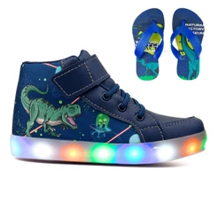 Kit Tenis Botinha Infantil Luzinha De Led Dinossauro Chinelo