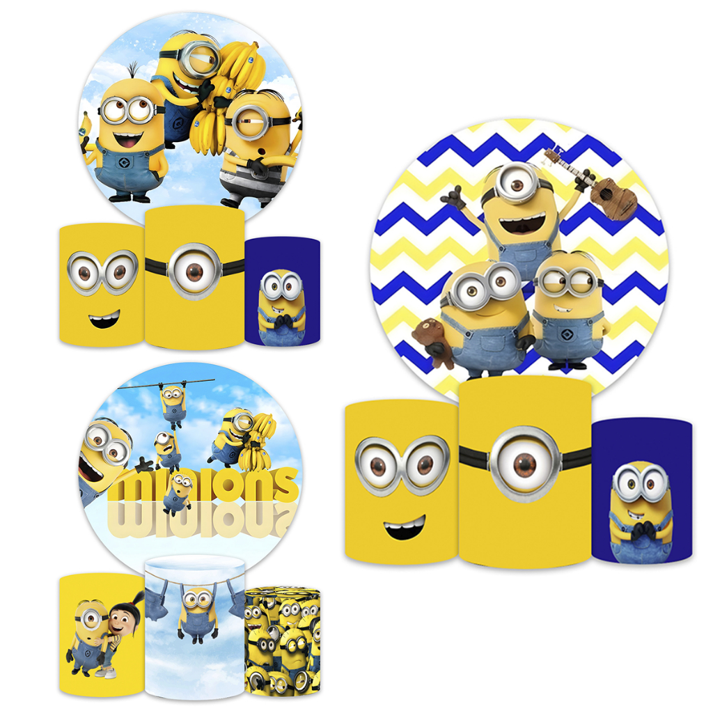 Kit Painel Redondo 1,50m + Trio Capas Cilindro Minion Completo Sublimado Varios Temas
