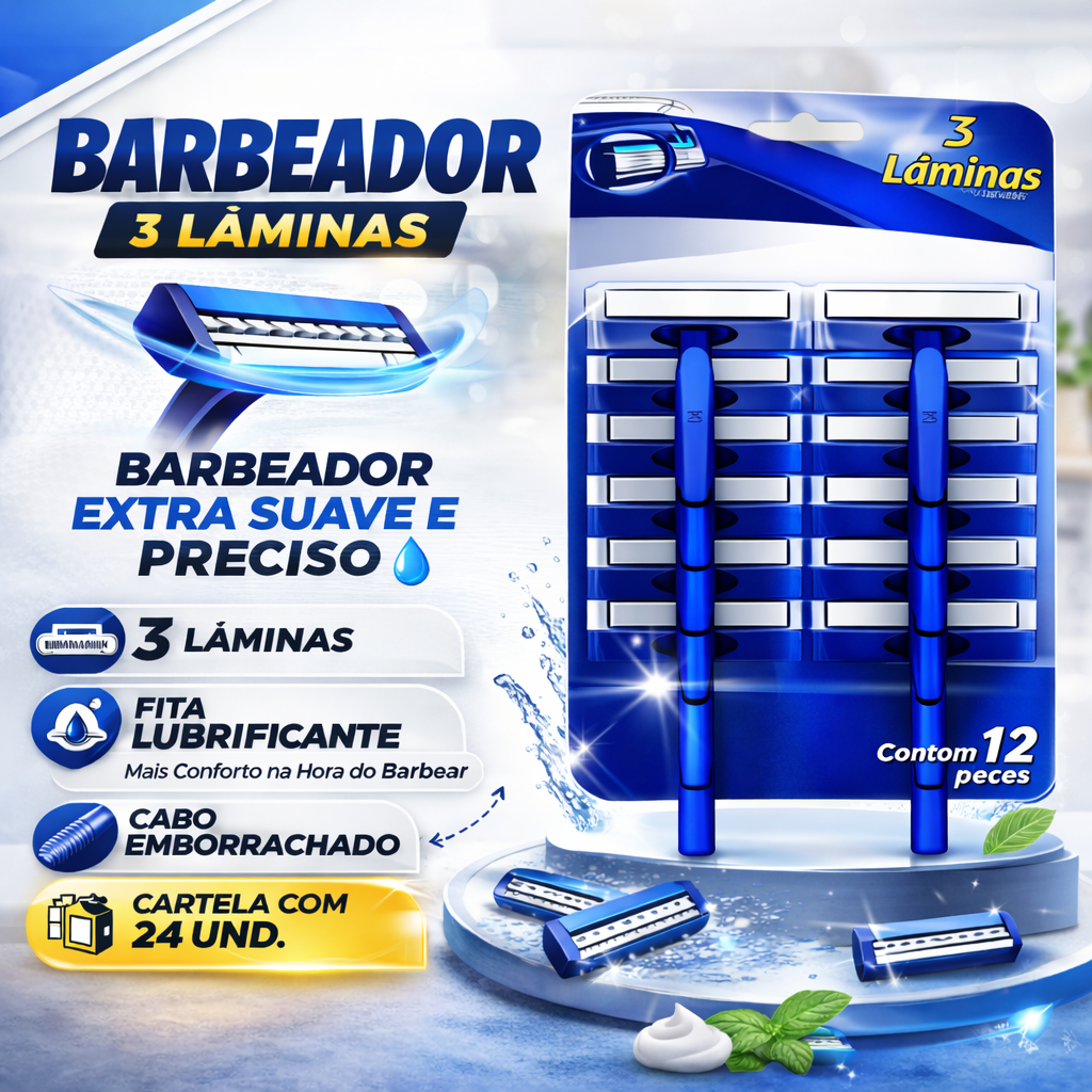 Aparelho De Barbear Barbeador Descartável Com 3 lâmina Com Fita Lubrificante Cartela 12 E 24 UND.