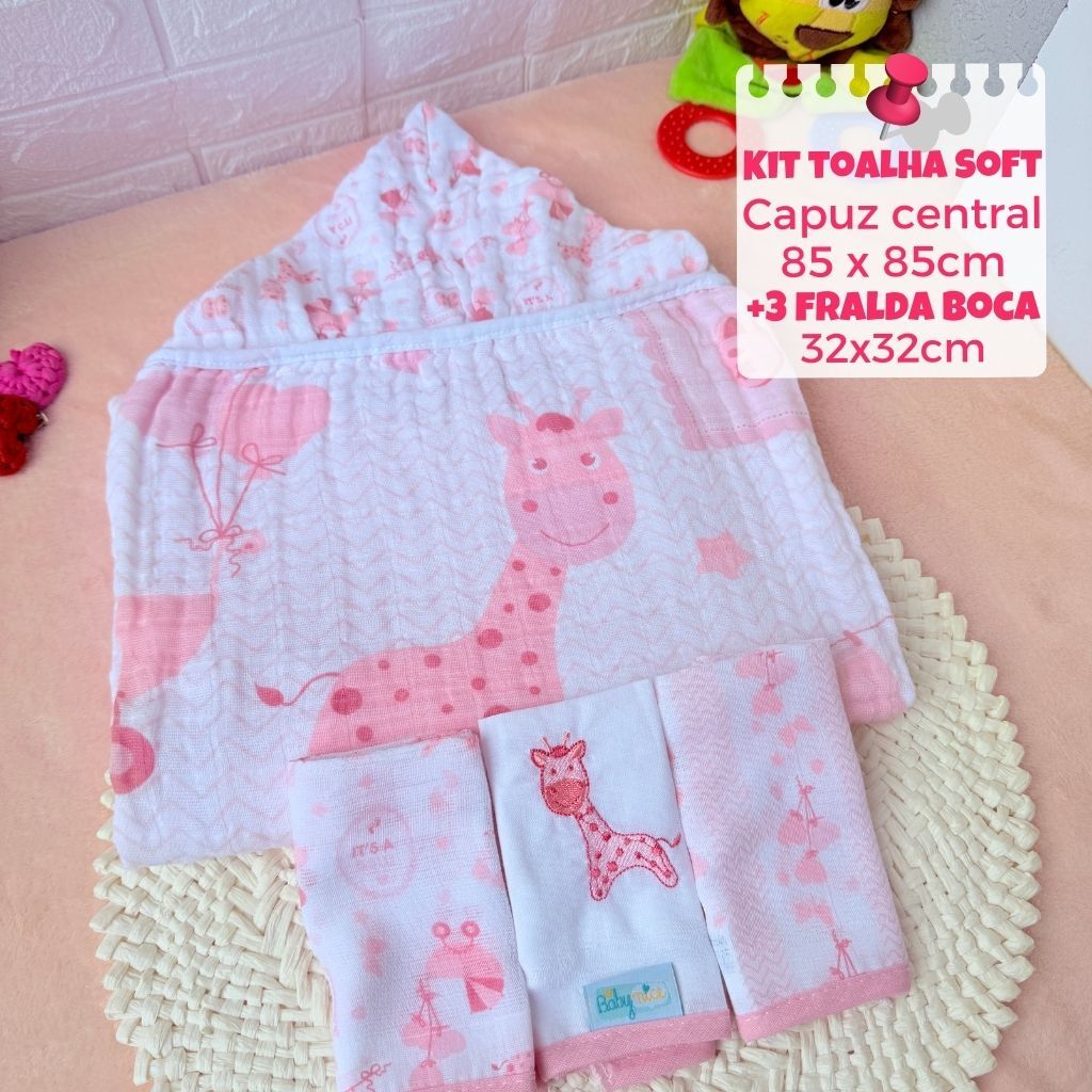 Kit Toalha de Banho Bebe Soft 85x85 + Panos de Boca Bordados 100% Algodão com 3 unidades em Oferta na Shopee