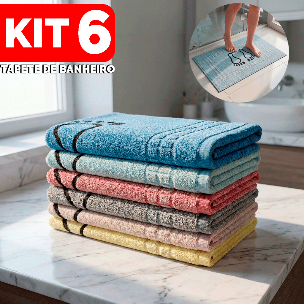 Kit 6 Tapete De Banheiro 45x70cm Pezinho Piso Luxo Atoalhado 100% Algodão Premium em Oferta na Shopee