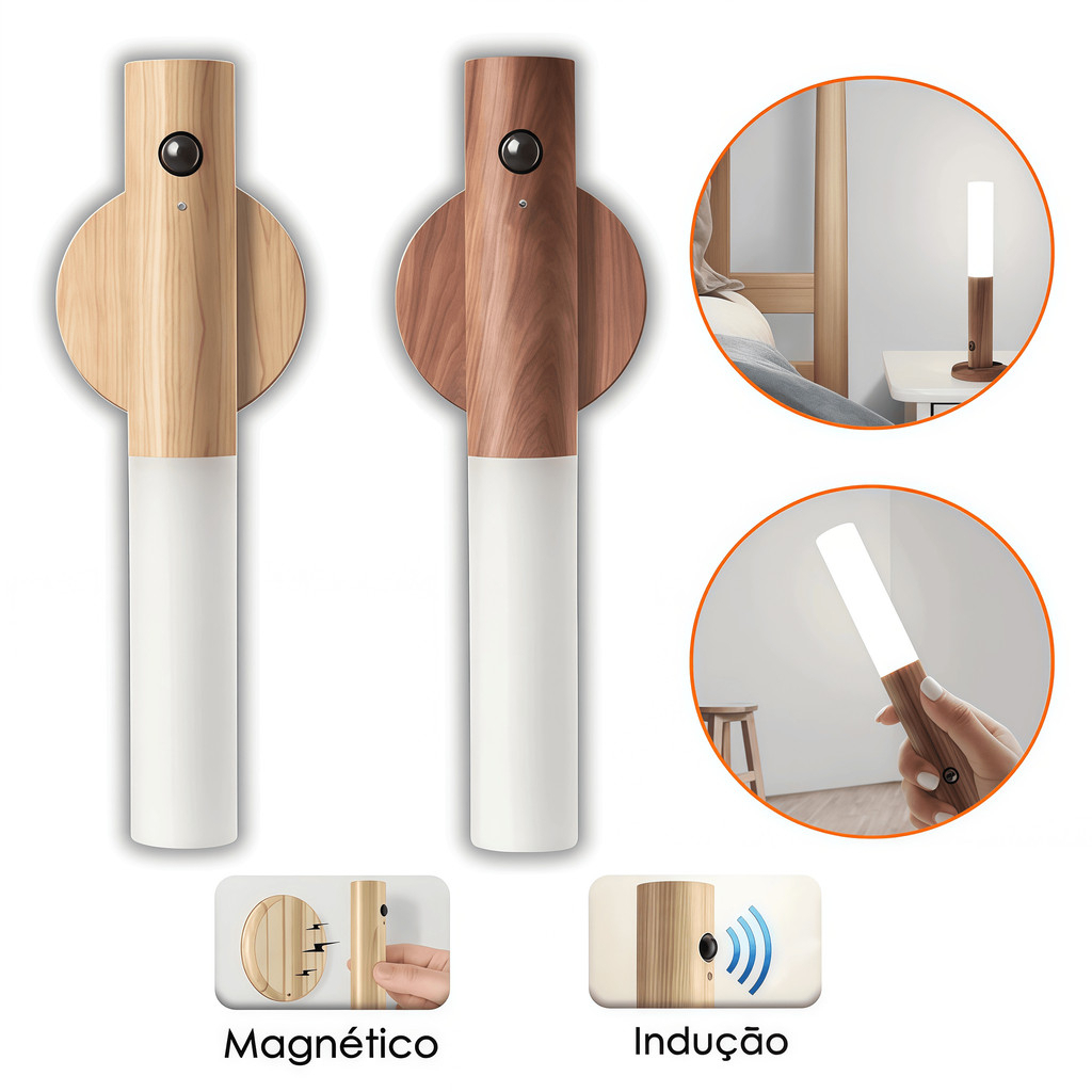 Luminaria Luz Led Recarregável Sensor de Movimento Arandela de Madeira Minimalista Para Mesa Parede dibea