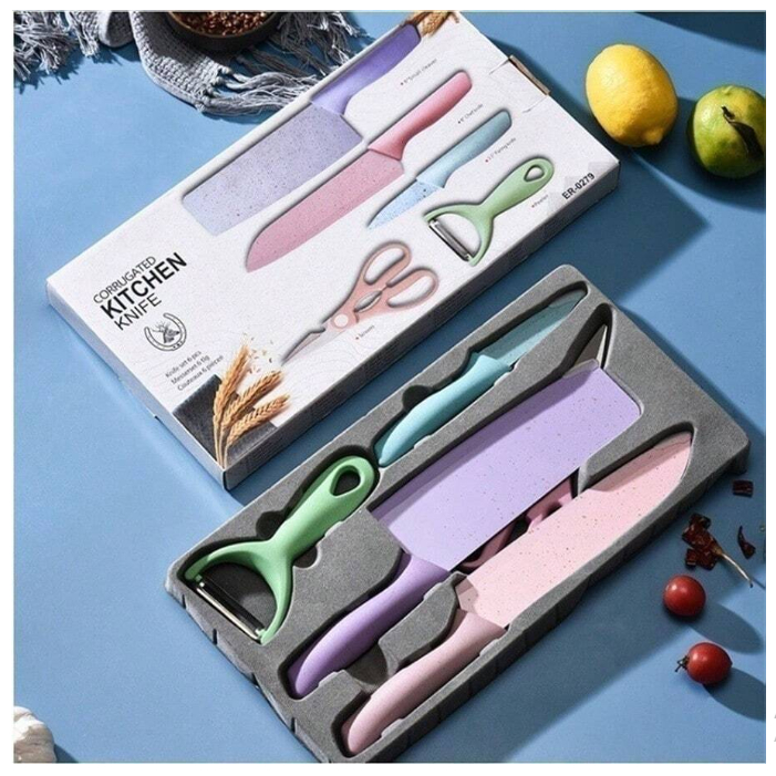 Kit facas de cozinha/Churrasco Profissional Antiaderente 6 Peças Preto/colorido