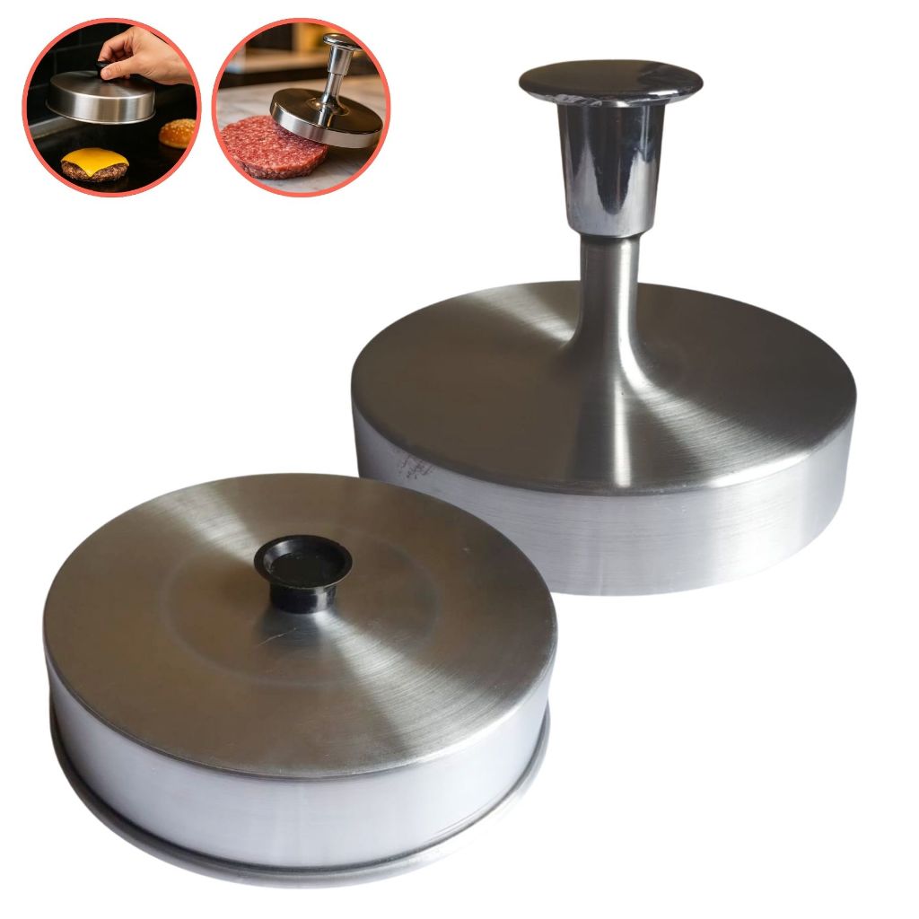 Kit Abafador e Molde Forma Hamburguer Prensa Tampa Chapa Artesanal Caseiro Gourmet Forma Modelador Multiuso Alumínio