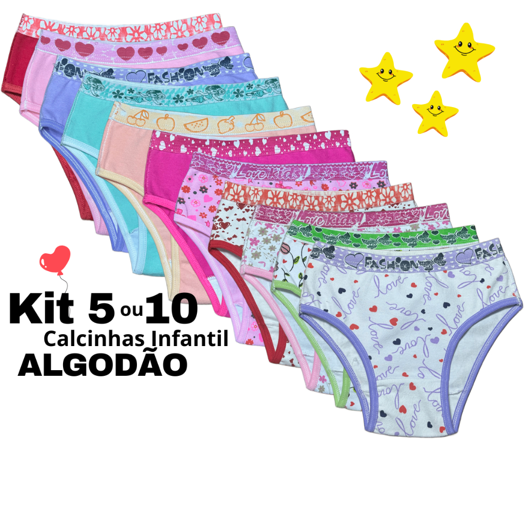 Calcinha Infantil Menina Juvenil de Algodão Lisas e Estampadas Kit 5 ou 10 em Oferta na Shopee