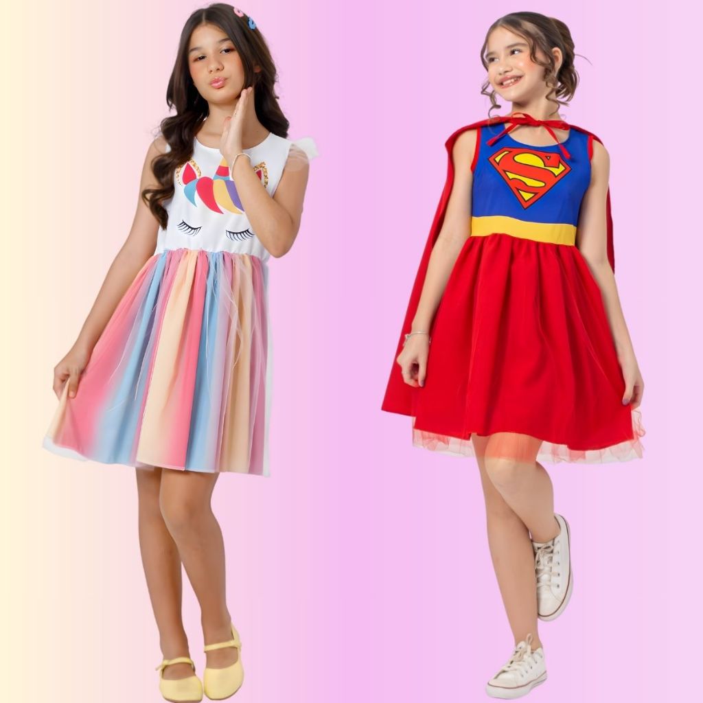 Fantasia Infantil Menina Princesa Stitch Unicórnio Colorido Super Girl Capa Carnaval Vestido Festa