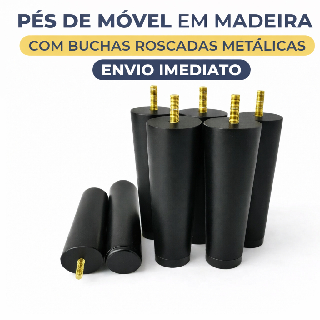 Pés 12 cm para cama Box Pezinho de Madeira Maciça Casal Solteiro Queen e King - Cor Preto