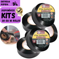 Kits 30 ou 10 Rolos Fita Isolante Preta 5 Metros x 1.7cm Qualidade Uso Elétrico Resistência Durável