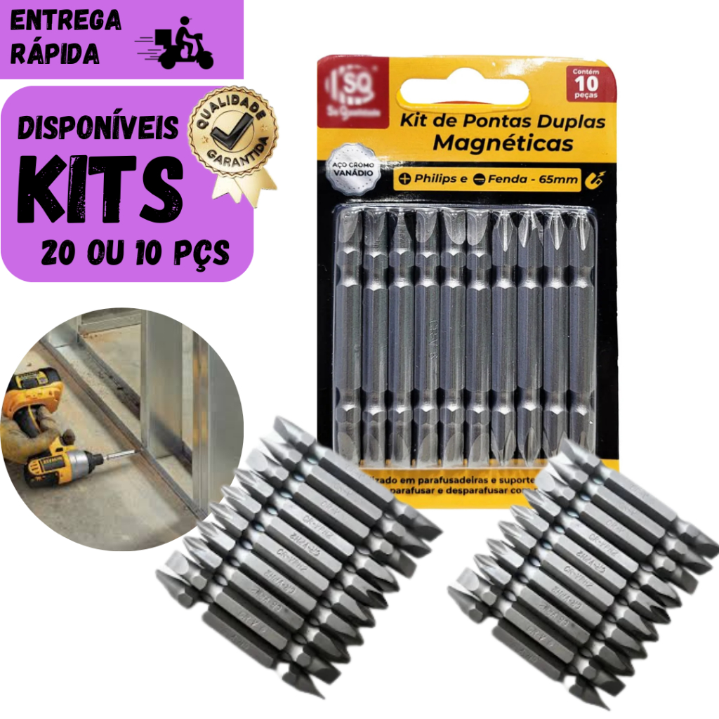 Kits 20 Ou 10 Bits Ponta Magnética para Parafusadeira e Furadeira Aço Profissional Pontas Duplas