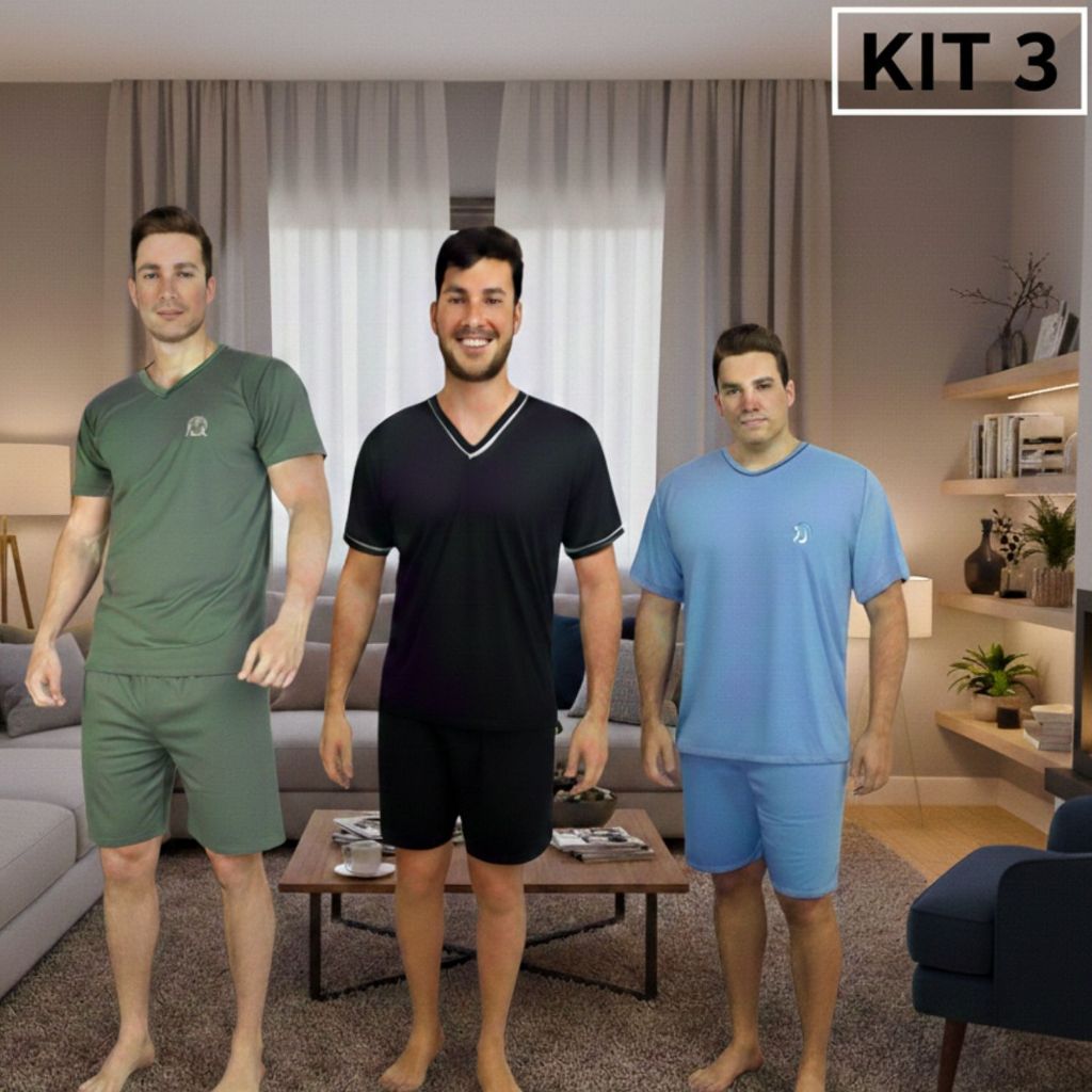 Kit 3 Pijamas Masculinos Manga Curta Adulto em Malha, Conjunto de Dormir Roupa de Homem Verão Short